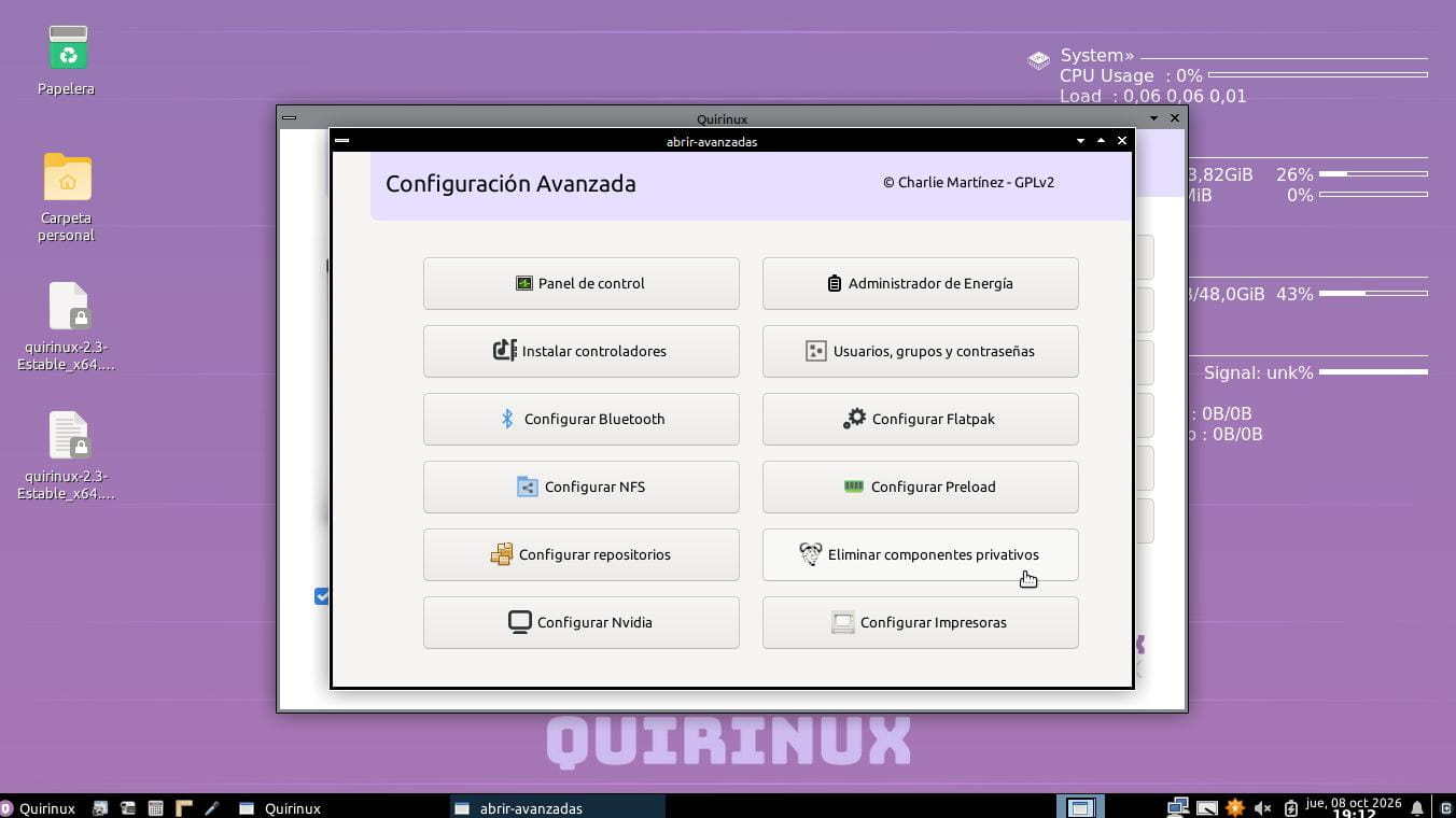 Configuración avanzada > Eliminar componentes privativos