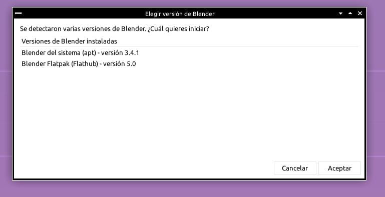 Selector de versiones instaladas de Blender