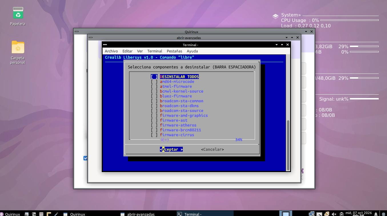 Configuración avanzada de Quirinux > Quitar controladores privativos