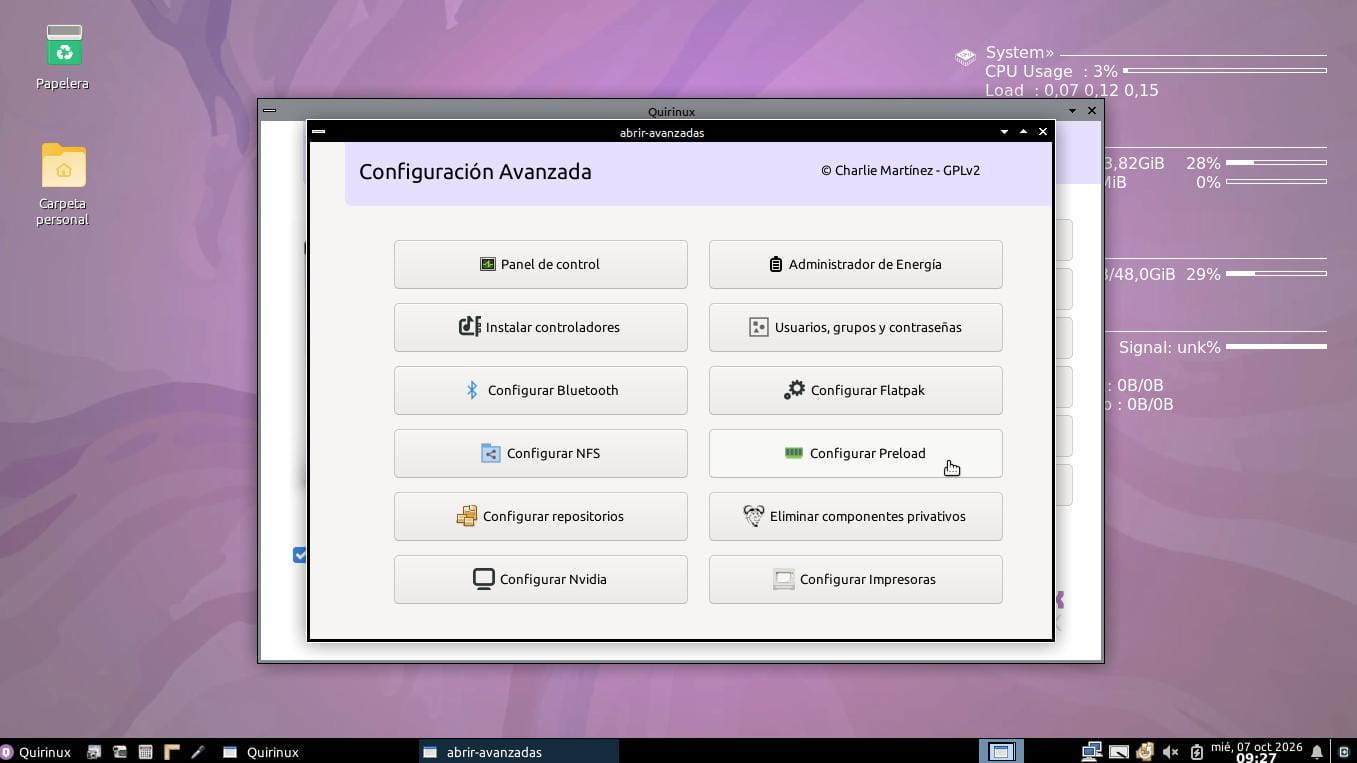 Configuración avanzada > Configurar Preload en Quirinux