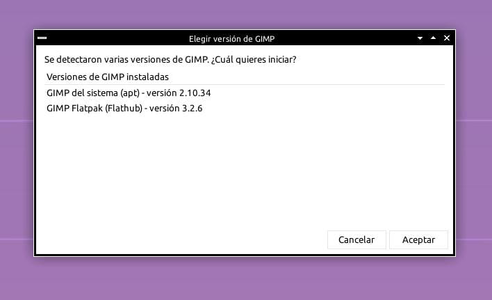 Selector de versiones instaladas de GIMP