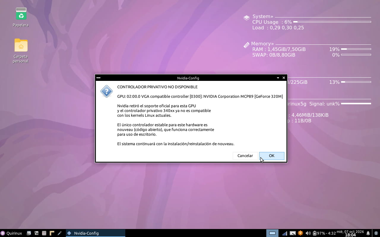 Configuración avanzada de Quirinux > Controladores Nvidia