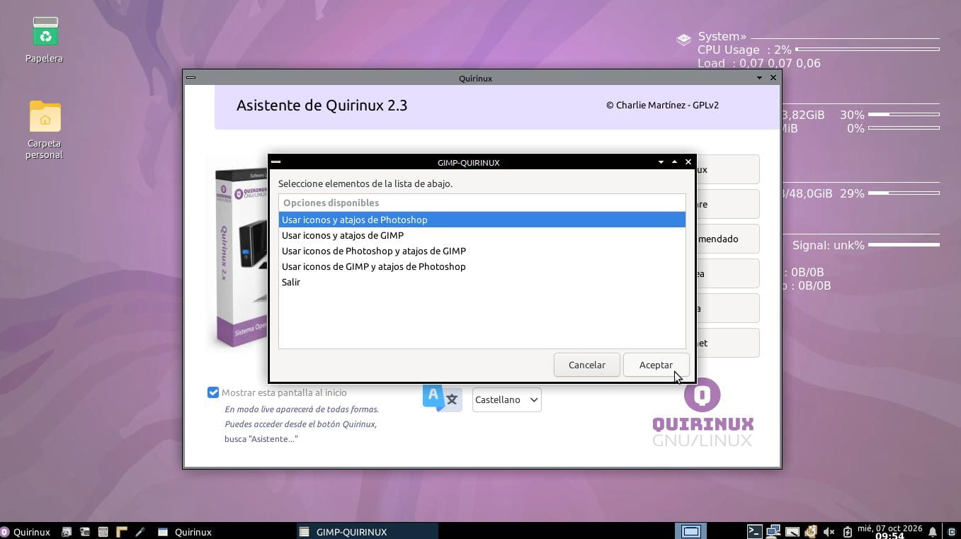 Usar íconos y atajos de Photoshop en GIMP en Quirinux, ahora también en las versiones Flatpak.